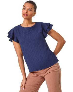 Roman Textured Frill Sleeve T-Shirt - Blue