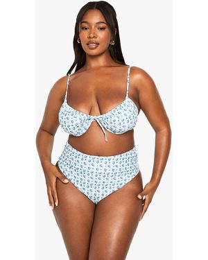Boohoo Plus Gingham Floral Print Underwired Bikini Top - Blue