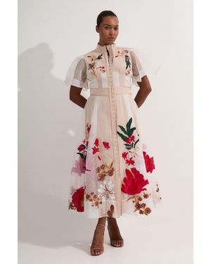 Karen Millen Plus Size Botanical Embroidery Organdie Midi Dress - Natural
