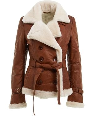 Infinity Leather Double Breasted Sheepskin Aviator Jacket-Leshan - Brown