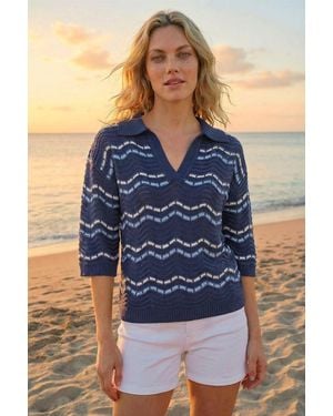 Roman Stripe Wave Knit Polo Top - Blue
