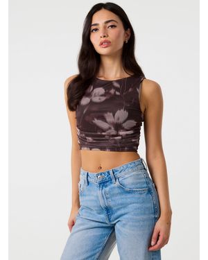 Pink Vanilla Floral Mesh Ruched Side Top - Blue