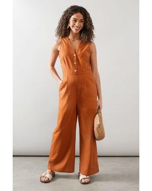 Wallis Linen Mix Button Detail Jumpsuit - Orange