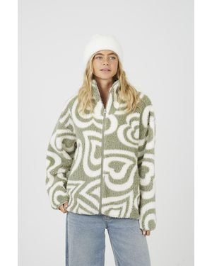 Brave Soul Pale Graphic Heart Print Zip Through Sherpa Fleece - Green