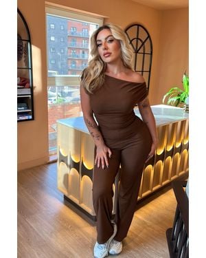 Femme Luxe Ribbed Slash Neck Top With Wide Leg Trouser Loungewear Set - Brown