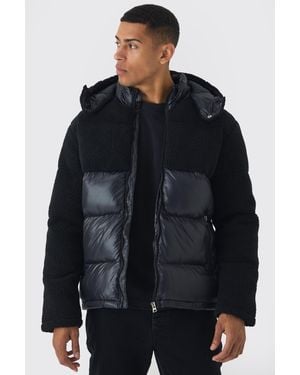 BoohooMAN Borg And High Shine Hooded Puffer - Black