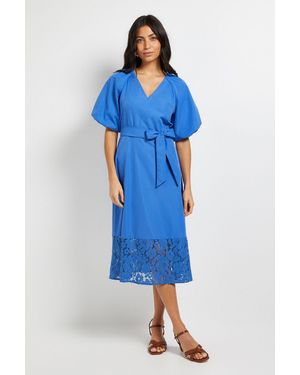 Wallis Puff Sleeve Lace Trim Midi Dress - Blue