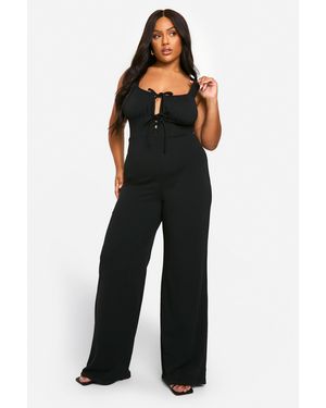 Boohoo Plus Lace Up Detail Wide Leg Jumpsuit - Black
