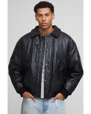 BoohooMAN Oversized Boxy Textured Pu Borg Collar Bomber Jacket - Black