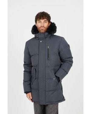 Brave Soul Longline Padded Parka Jacket With Faux Fur Hood - Blue