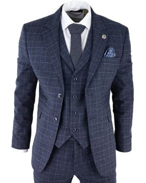 TruClothing Check 3 Piece Tweed Suit Peaky Blinders 1920S Gatsby Tailored Fit Canvas - Blue