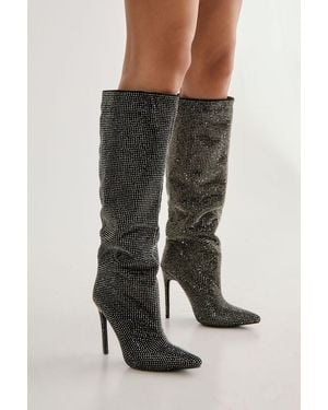 Nasty Gal Diamante Embellished Knee High Heeled Boot - Black