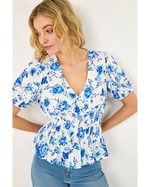 D.u.s.k Floral Print Shirred Peplum Top - Blue