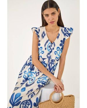 Roman Abstract Print Frill Detail Midi Dress - Blue