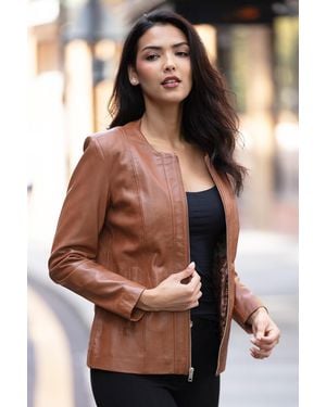Ashwood Leather Real Casual Collarless Jacket - Brown
