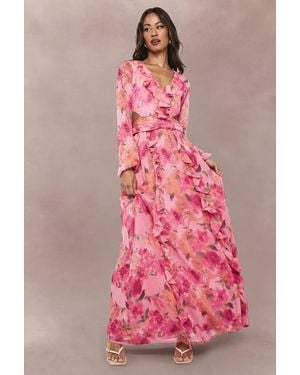Boohoo Tall Floral Chiffon Volume Sleeve Maxi Dress - Pink