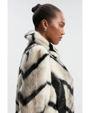 Karen Millen Plus Size Faux Fur Pu Panelled Stripe Belted Cropped Jacket - Multicolour