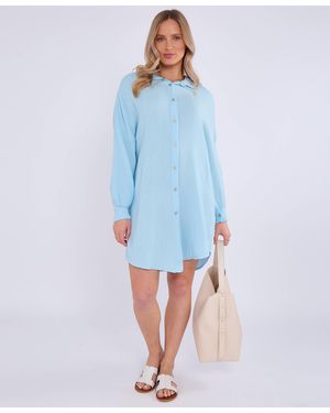 Gini London Cotton Textured Oversized Long Shirt - Blue