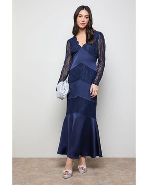 Oasis Satin Lace Mix V Neck Maxi Dress - Blue