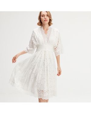 Smart & Joy Kimono Mouwen Kanten Jurk - Wit