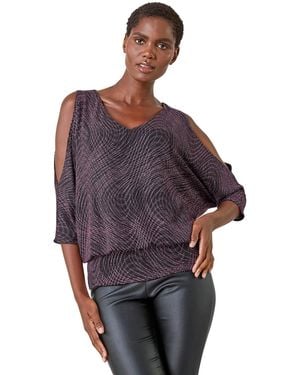 Roman Glitter Swirl Print Blouson Stretch Top - Purple