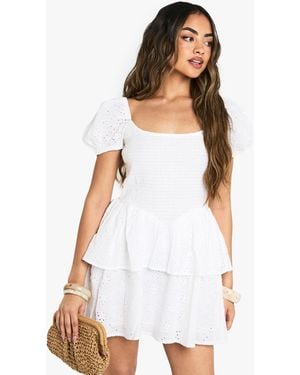 Boohoo Broderie Anglaise Puff Sleeve Skater Dress - White