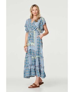 Izabel London Printed Frill Sleeve Maxi Dress - Blue