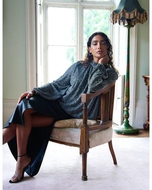 Blue Vanilla High Neck Puffball Hem Blouse - Blue