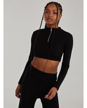 Pink Vanilla Chunky Brushed Rib Zip Up Top - Black