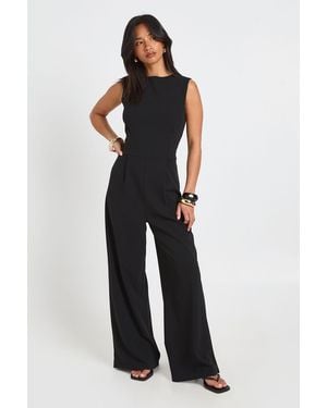Boohoo Petite Tailored High Neck Cinched Waist Wide Leg Jumpsuit - Blue