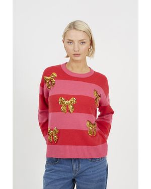 Brave Soul Stripe Sequin Detail Christmas Jumper - Red