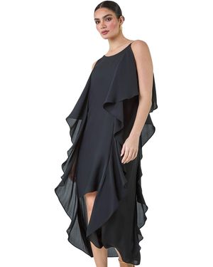 Ariella Plain Dipped Hem Ruffle Detail Midi Dress - Blue