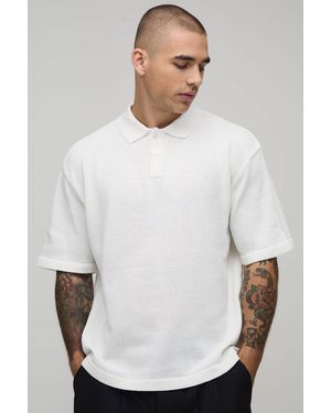 BoohooMAN Essential Oversized Boxy Cotton Blend Knitted Polo - White