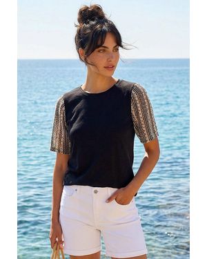 D.u.s.k Contrast Crochet Sleeve Top - Black