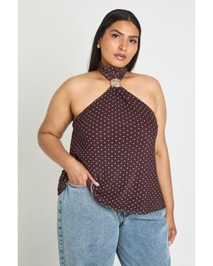 Boohoo Plus Trim Detail Halter Neck Polka Dot Top - Purple