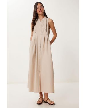 Happiness İstanbul Mandarin Collar Sleeveless A-Line Midi Dress - Natural