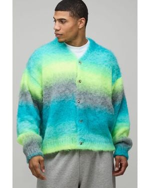 BoohooMAN Oversized Boxy Ombre Fluffy Knitted Cardigan - Green