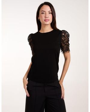 Blue Vanilla Lace Mesh Sleeve T-Shirt - Black
