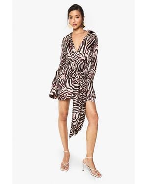 Boohoo Zebra Satin Wrap Skirt Shirt Dress - White