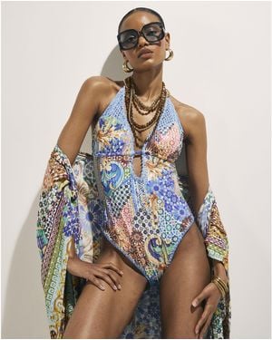 River Island Swimsuit Metallic Abstract Print Plunge - Blue