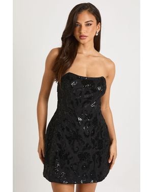 Boohoo Bandeau Structured Velvet Lace Demask Skater Mini Dress - Black