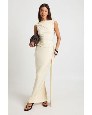 Boohoo Slinky Maxi Skirt With Mesh Drape - Natural