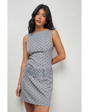 Warehouse Flock Spot Self Belt Mini Dress - Grey