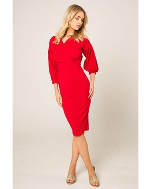 Femme Luxe Belted Bodycon Midi Wrap Dres - Red