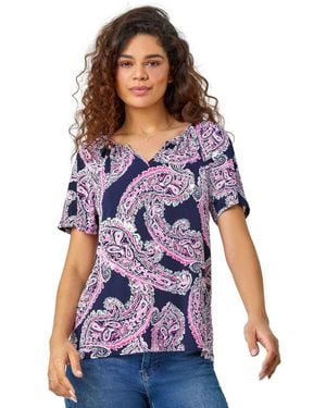 Roman Textured Paisley Print Stretch T-Shirt - Blue