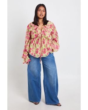 Boohoo Plus Ruffle Tie Front Smock Top - Blue
