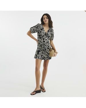 River Island Mini Dress Short Puff Sleeve Floral - Black