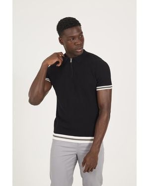 Brave Soul Zip Neck Knitted Polo With Contract Trim - Black