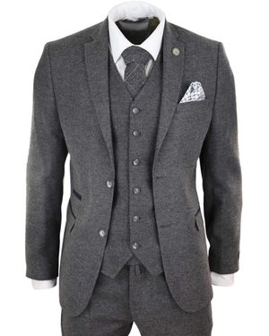 TruClothing 3 Piece Wool Tweed Vintage Retro Suit Velvet - Black