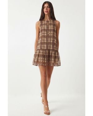 Happiness İstanbul Frilly Plaid Mini Dress With Crew Neck - Natural